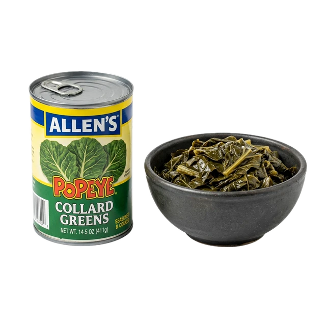 Collards, canned, cooked, no added fat