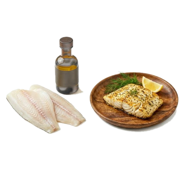 Halibut, baked or broiled, made with oil